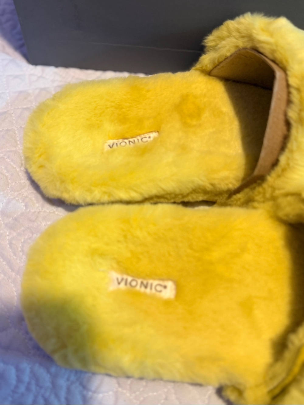 Vionic Yellow Fuzzy Open-Toe Slide Sandals - Picture 2 of 3